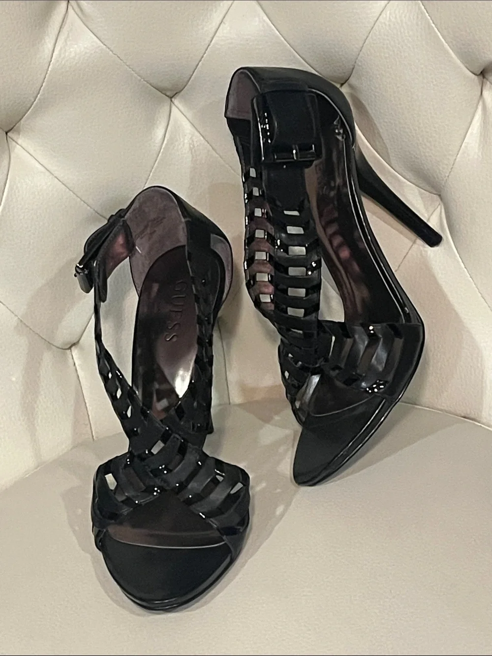 Guess by Marciano Glossy Black Leather Strappy Stiletto Sandals 8.5